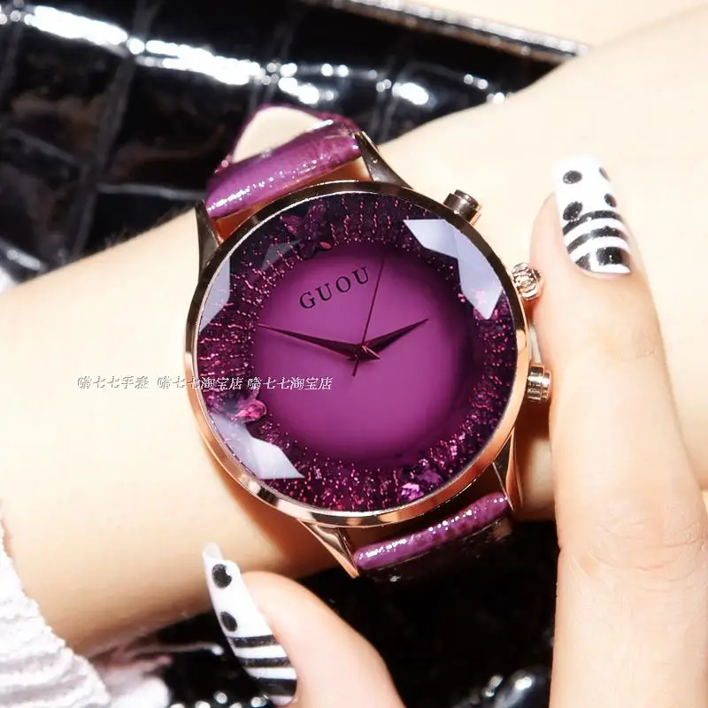 HK GUOU Brand Quartz Lady Watch Rhinestone Waterproof Women's Watch Genuine Leather Upscale Large Dial Luxury Gift Wristwatches