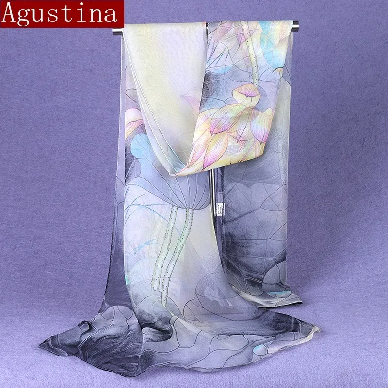 100% silk feel long scarf fashion Lotus printing Gradient brand luxury Comfortable women headscarf designer shawl for scarves