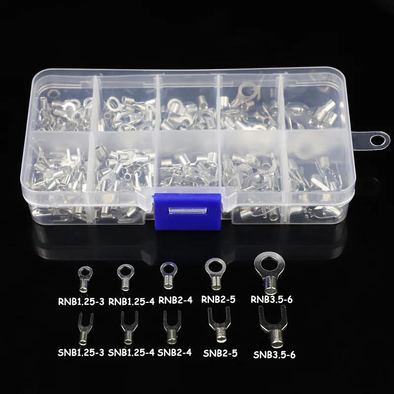 320Pcs/Box 10 In 1 Terminals Non-Insulated Ring Fork U-type Brass Terminals Assortment Kit Cable Wire Connector Crimp Spade