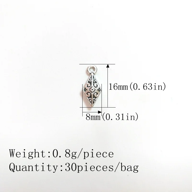 2021 Fashion 30pcs/bag 16*8MM Zinc Alloy Antique  Metal Rhombus Charms Pendants for DIY Jewelry Accessories