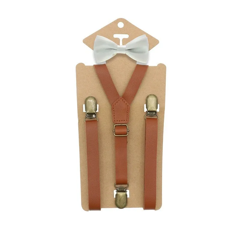 3 Clips Y Zurück Kid Braun Tan Leder Hosenträger Und Fliege Ring Bearer Bowtie Set Geburtstag Outfit 80*1,5 cm Einstellbar