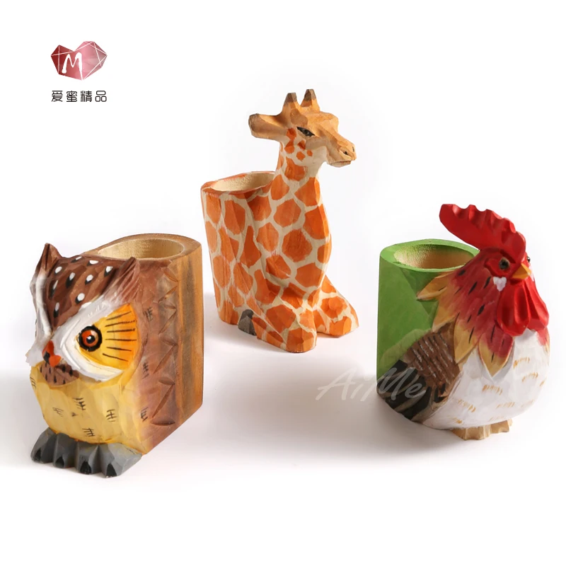 Wood Carving Animal Flamingo Pen Container Handicraft Stationery ,pen Holder desk organizer