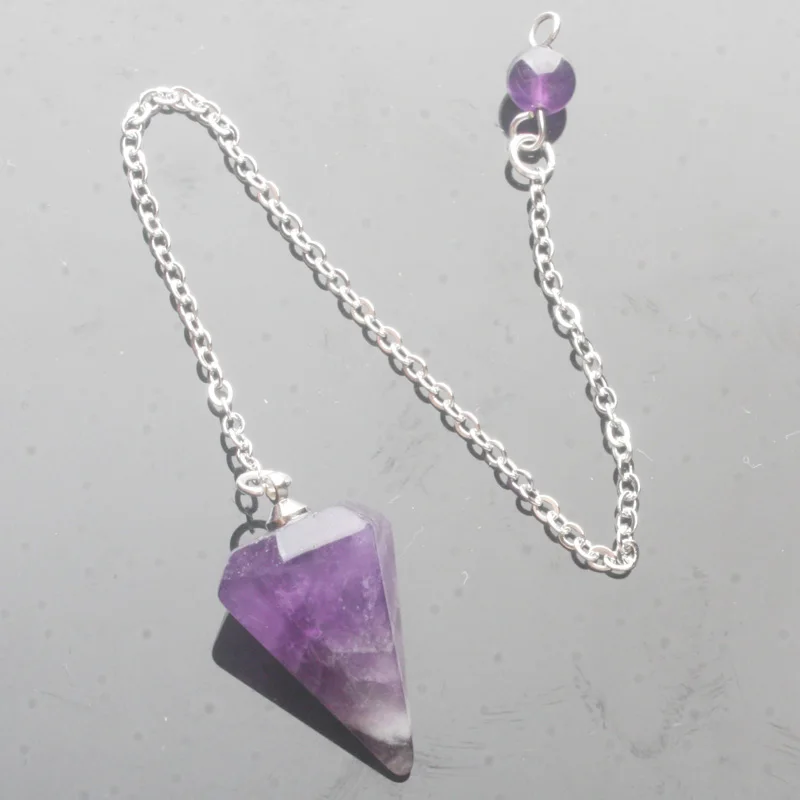 14X22MM Small Size Amethysts Lapis Opal Clear Crystal Stone Cone Dowsing Healing Chakra Hexagon Pendulum With Chain 1PC