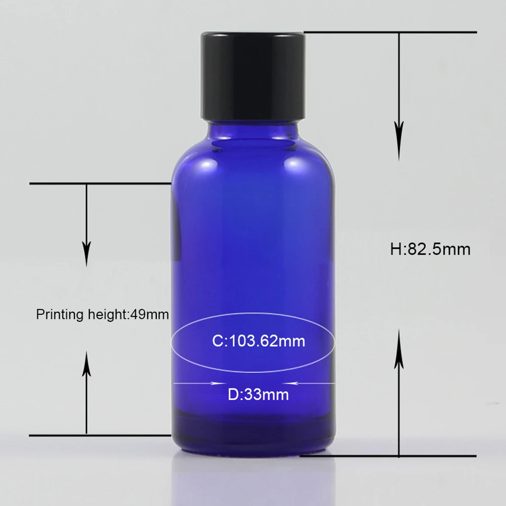 Empty bottles with stoppers 1 oz, 30ml blue glass bottle with black lids cosmetic packaging