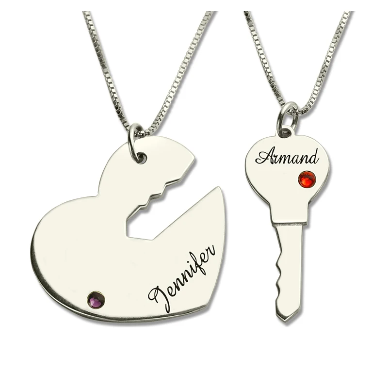 Amxiu Two Pieces 925 Sterling Silver Heart Key Necklaces Custom Names Pendant Necklace with Birthstones Jewelry for Couple Gift