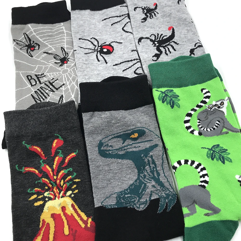 VPM-Calcetines de algodón 85% para hombre, medias divertidas de estilo Harajuku, dinosaurio, Araña, escorpión, tiburón, Hip Hop, para regalo, novedad