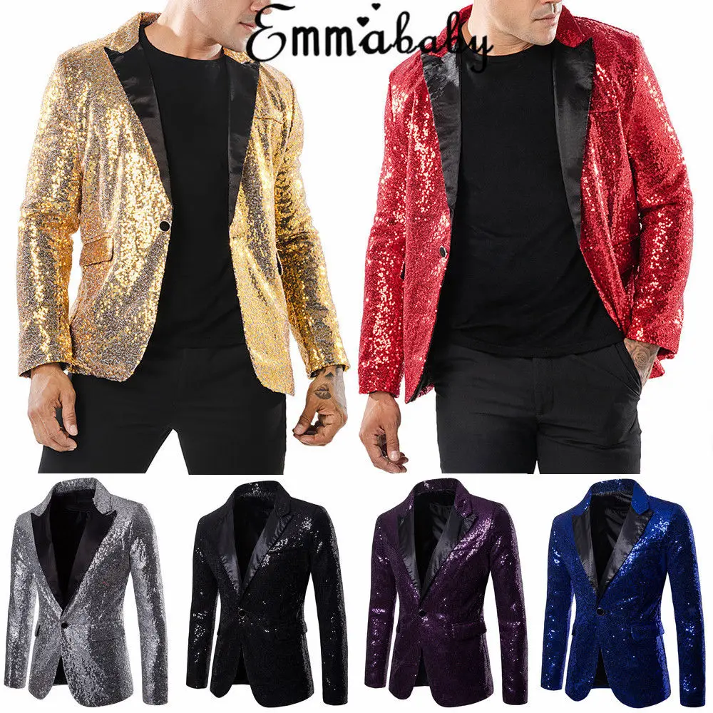 

2019 New Men's Slim Fit One Button Formal Casual Suit Blazer Coat Jacket Shining Tops Club Bling Sequins Blazer Coat Drop Ship