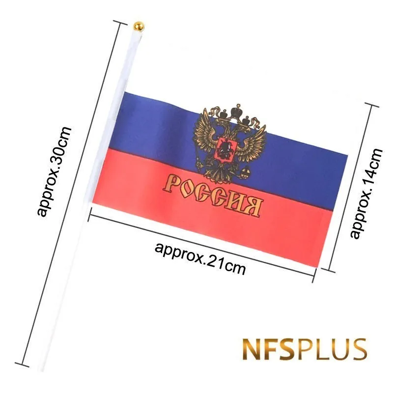 10 Pack Russian Flag Russia Banner Presidential Eagle 14x21cm Polyester Printed Small Stick Flagpole For Decoration Celebration