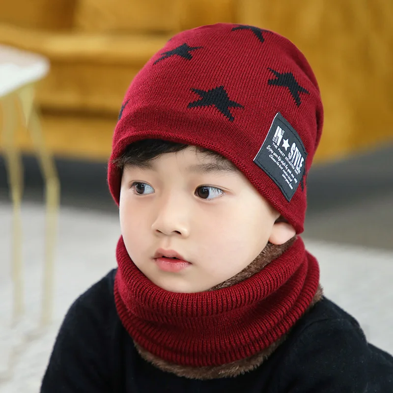 Balaclava Children Winter Warm Knitted Hat Cap with Scarves Thickened Wool for 3-6-10 Years Old Boys Windproof Outdoor Sports