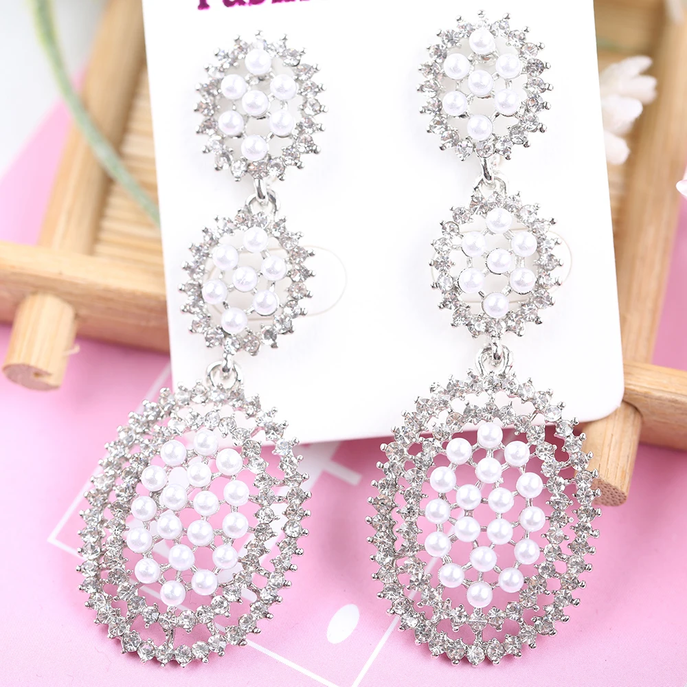VEYO Vintage Pearl Long Earrings Classic Full Pearl Rhinestone Drop Crystal Earrings for Women Fashion Jewelry Gift image 2