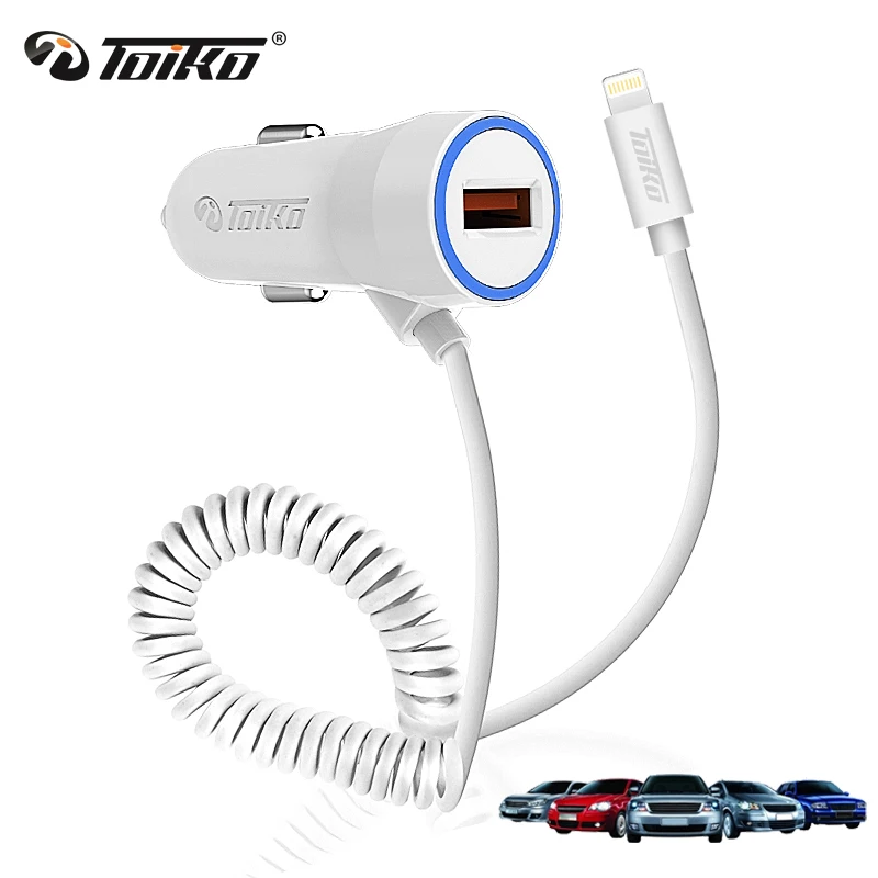 TOIKO 5V 3.4A Car Charger Adapter for iPod iPad iPhone X 8 7 6s 6 Plus Mobile Phone Charge with Universal USB Port Coiled Cable