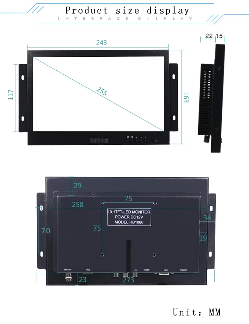 10 inch open embedded cabinet installation security industrial LCD monitor HDMI VGA BNC HD interface