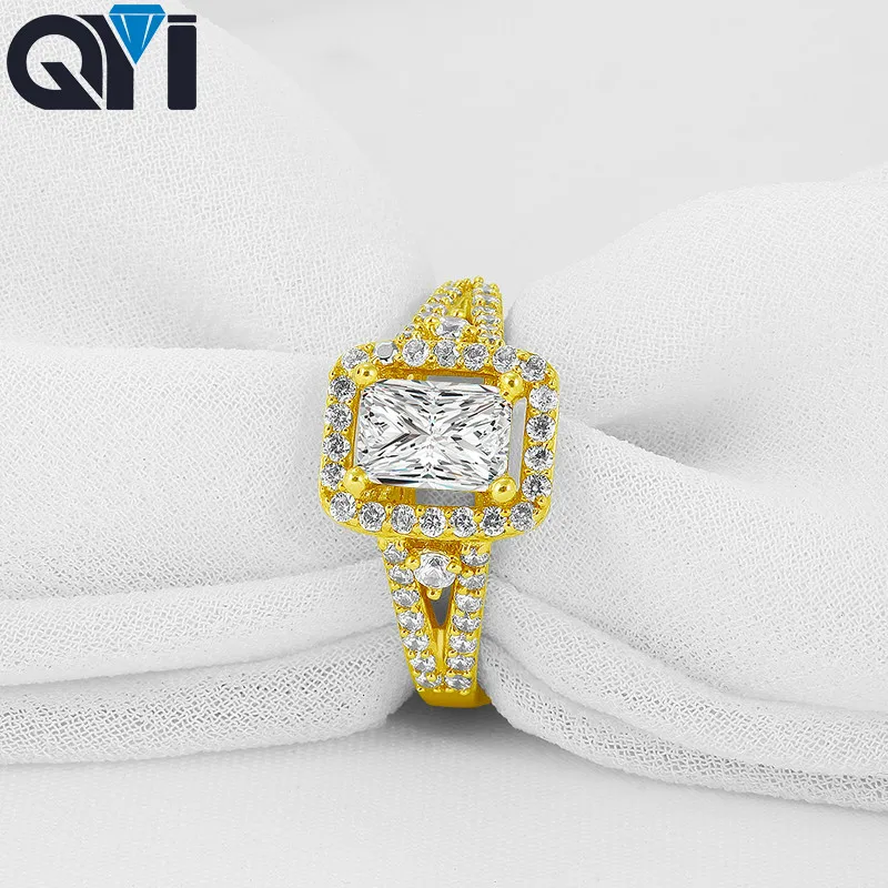 QYI 14K Solid Yellow Gold Split Band Halo Ring Vintage Rectangle Cut Moissanite Diamond Rings For Women Jewelry