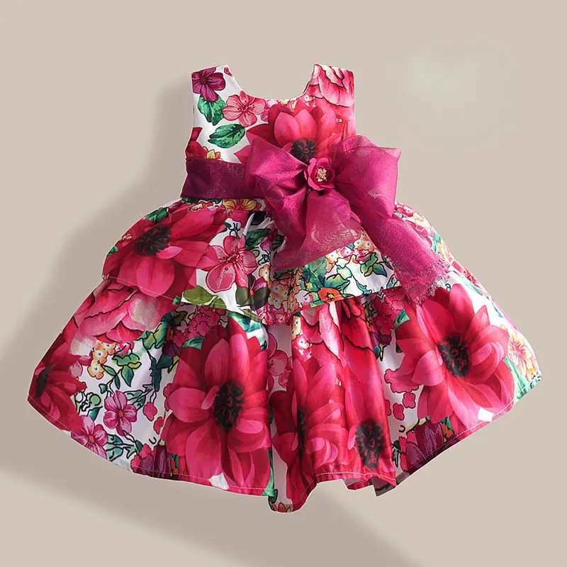 Super Bow Girls Dresses Fashion Silk Bow Rose Flower Print Sleeveless Girl Party Dress children clothing vestidos infantis 1-6T