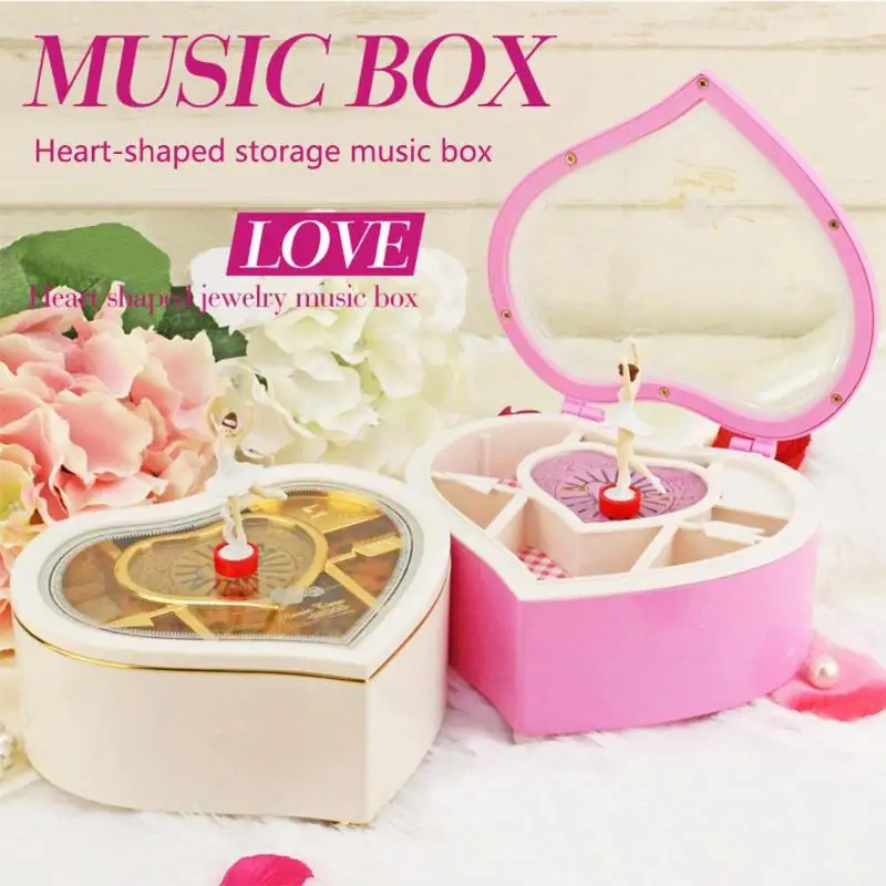 Heart Shape Dancing Ballerina Music Box PLastic Jewellery Box  Carousel Hand Crank Music Box Mechanism Gift For Valentine's Day