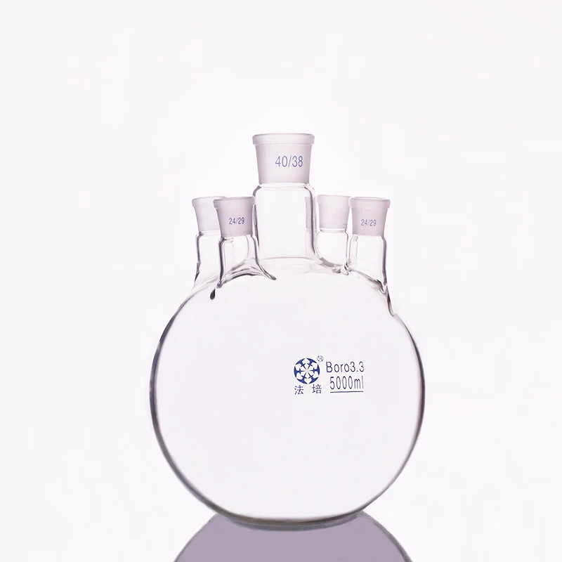 

Five-necked flask straight shape,with Five necks standard ground mouth 5000ml,Main 40/38,Side 24/29,Flat bottom flask