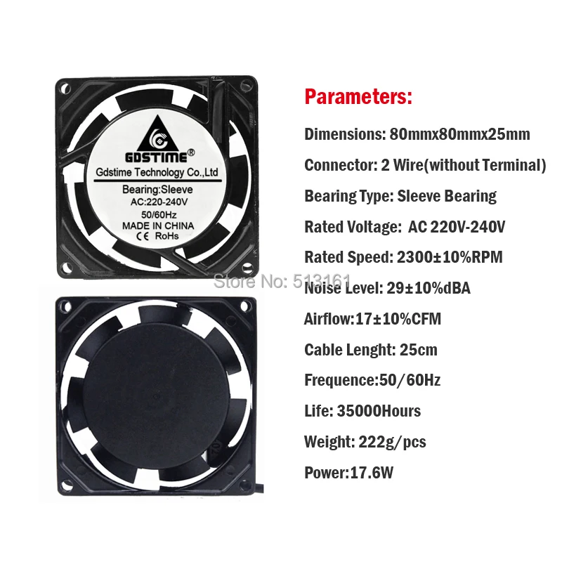 Кулер для ПК Gdstime, 220 В, 240 в, 8 см, 8025 дюйма, 80 мм, 80 мм x 25 мм, охлаждающий вентилятор для ноутбука