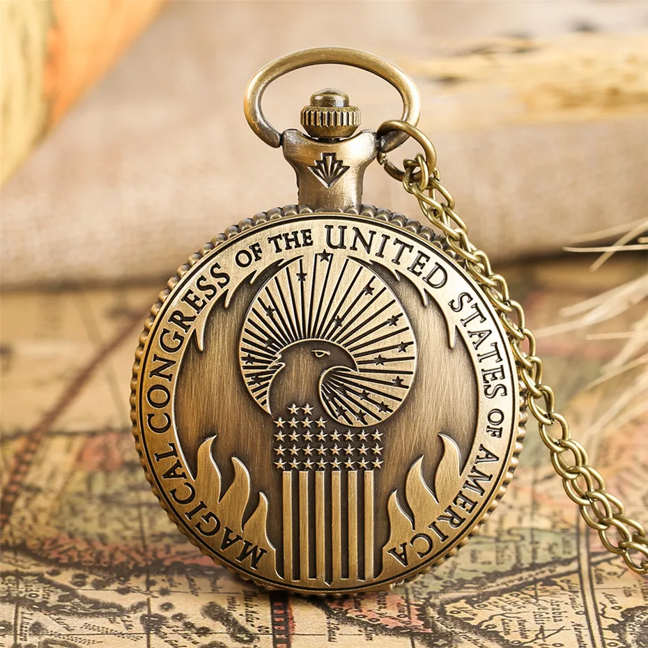 Vintage Bronze Magical Congress of U.S.A Theme Quartz Pocket Watch Exquisite Necklace Clock Gift for Men Women Full Hunter