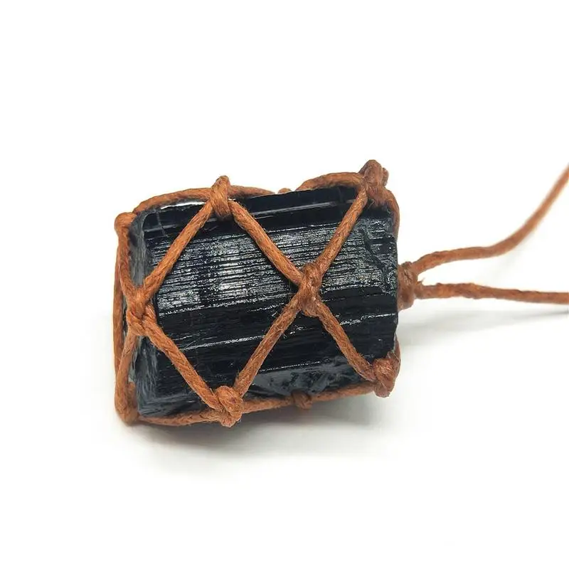 1 Pcs Natural Black Tourmaline Retro Raw Gemstone Pendant Crystal Hand-Woven Jet Stone Ore Radiation Protection Stone Craft