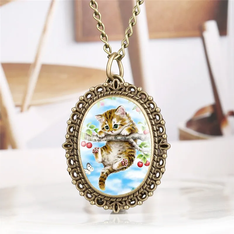 Lovely Cherry Kitty Pocket Watch for Girl Warm Patch Quartz Pocket Watch Retro Elliptical Gift for Pocket Watch With Necklace