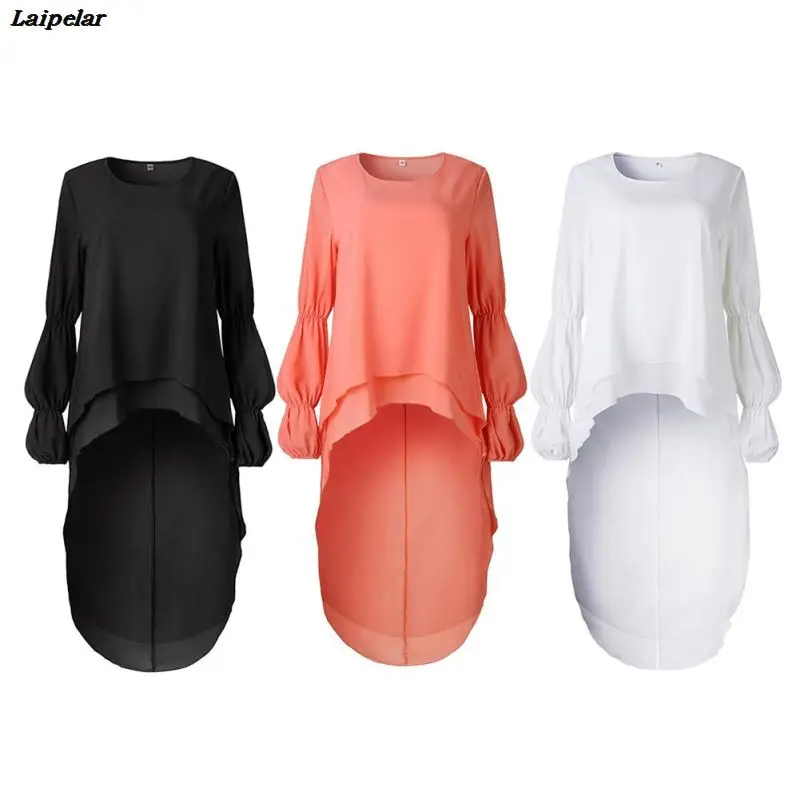 2020 Musim Gugur Baru Panjang Blus Fashion Puff Sleeve Longgar Asimetris Chiffon Kemeja Panjang Lentera Lengan Panjang Atasan Blusa Feminina