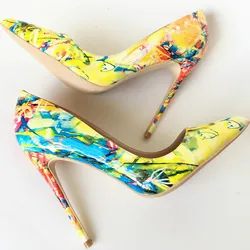 New Sexy Women Pumps Yellow Printed Pointed Toe Thin Heels Pumps Party Shoes Woman Plus Size 34-45