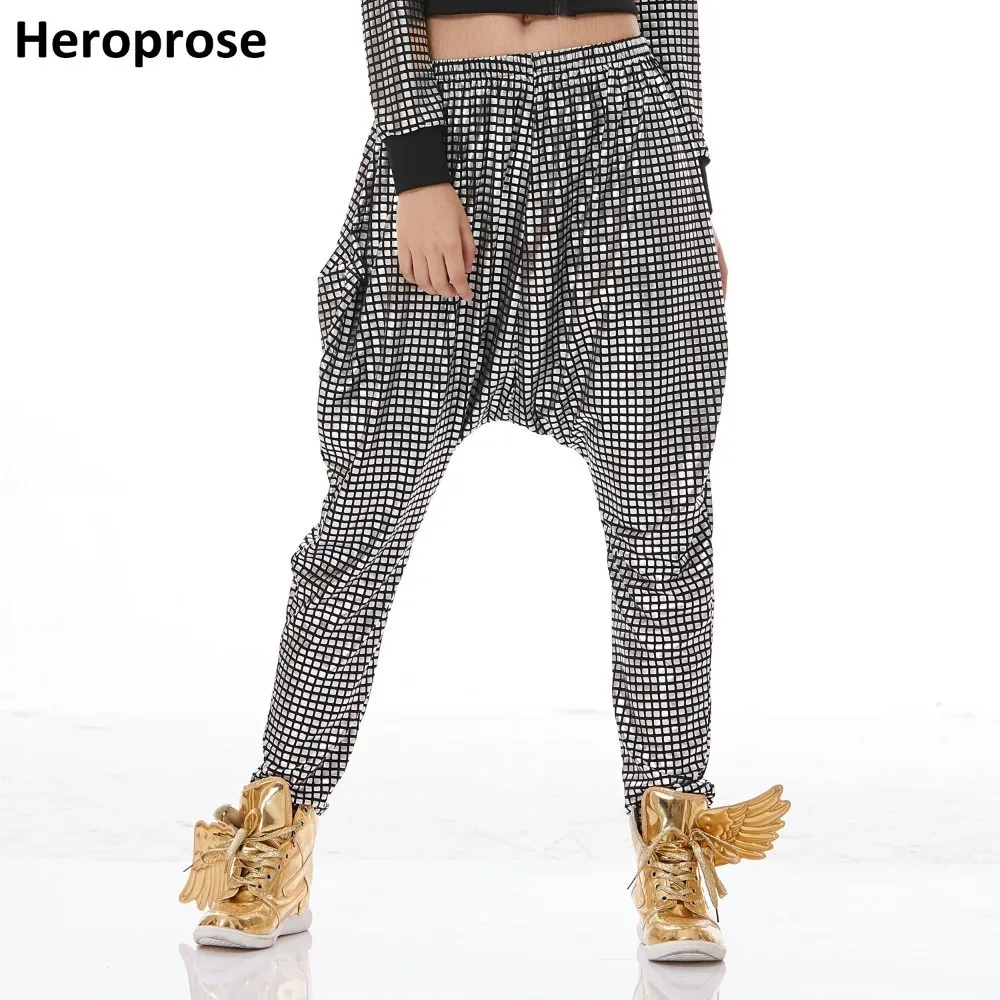 

Heroprose Brand New 2021 Fashion Personality Silver Plaid Big Crotch Trousers Stage Performance Baggy Skinny Hip Hop Harem Pants