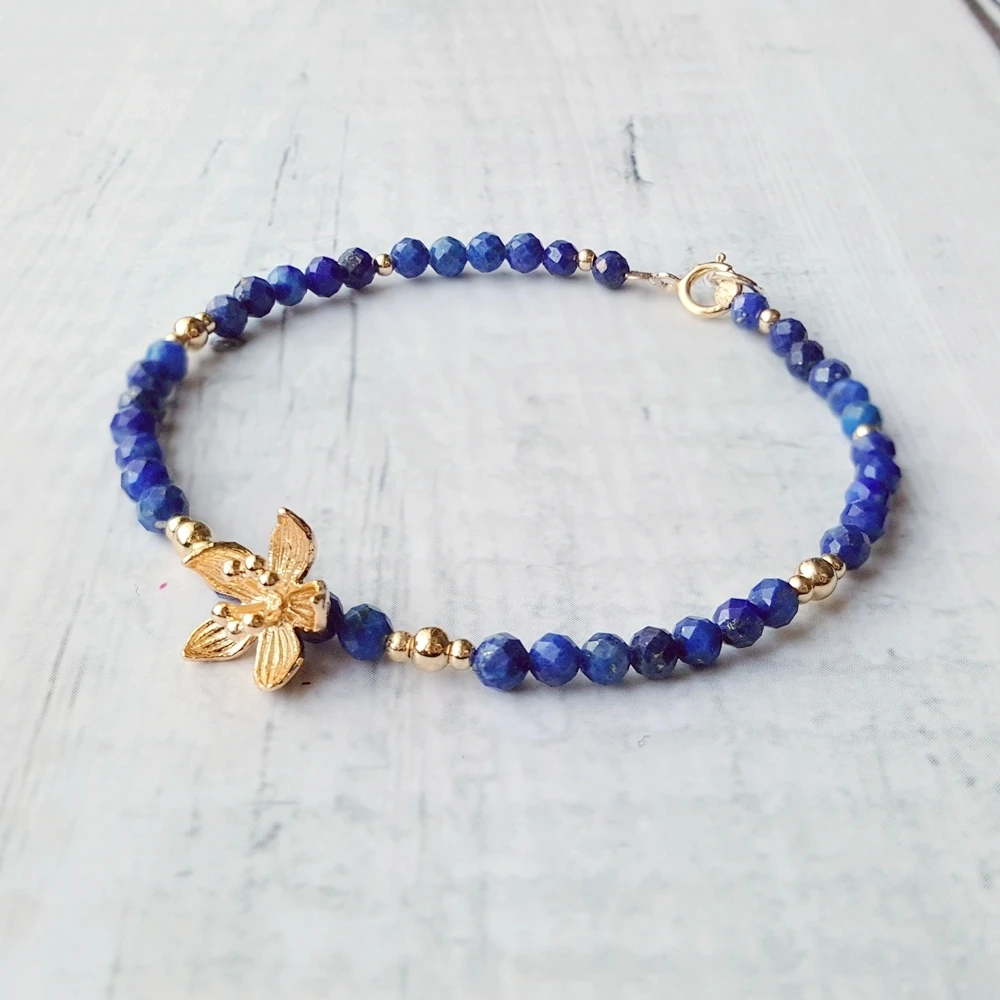 LiiJi Unique Real Lapis Lazuli Gold color flowers charm Bracelet 925 Sterling Silver Delicate Jewelry Drop Shipping