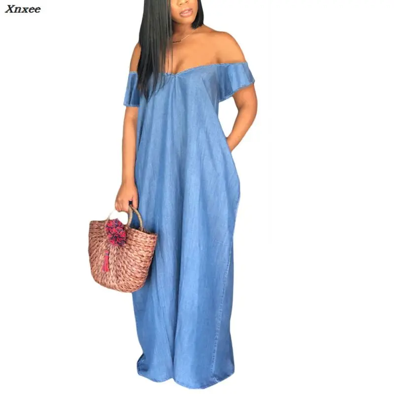 

Off Shoulder V Neck Loose Denim Dresses Vestido De Verano Summer Women Ankle Length Short Sleeve Long Jeans Dress