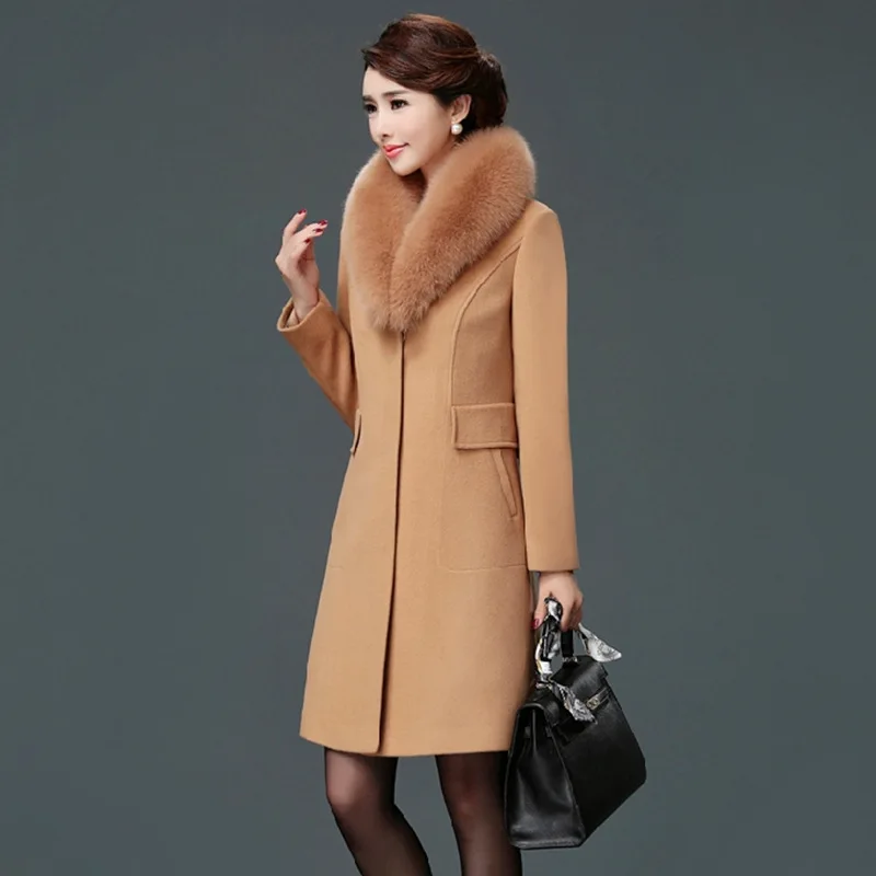 Elegant Solid Long Woolen Winter Coats Slim Pockets Office Wool Coat and Jacket Covered Button Fur Collar Ladies Coats