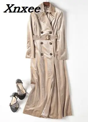 Women's gold velvet coat autumn long slim coats double-breasted outerwear with belt trench coat casual tops Xnxee