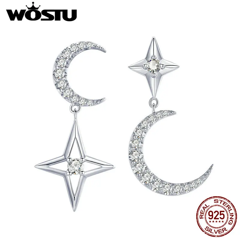 

WOSTU 100% 925 Sterling Silver Moon & Stars Clear Zircon Drop Earrings For Women Engagement Fashion Style Silver Jewelry CTE050