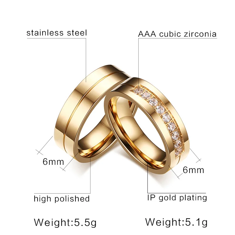 Vnox 1 Pair Wedding Rings for Women Men Couple Promise Band Stainless Steel Anniversary Engagement Jewelry Alliance Bijoux