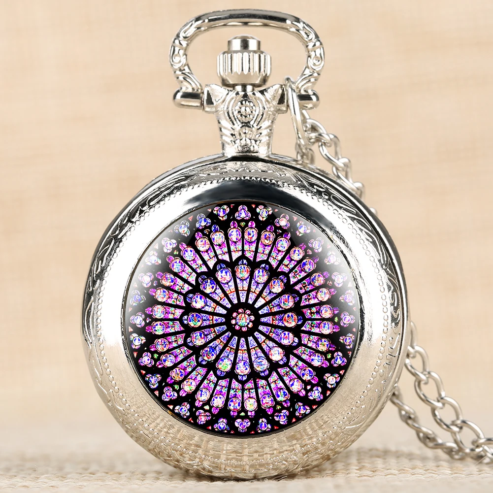 The Rose Window Stained Glass Pocket Watches Gorgeous Notre Dame De Paris Necklace Pendant Clock Souvenir Gifts for Men Women