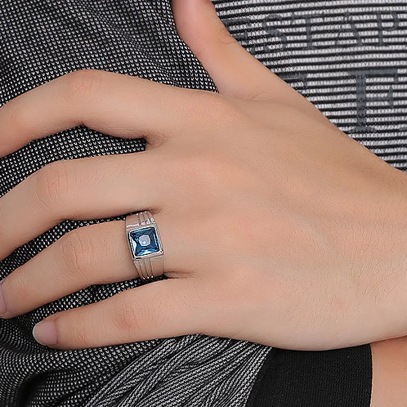 Stylish Men Signet Rings Stainless Steel Statement Ring with Rectangle Blue Stone anel masculino