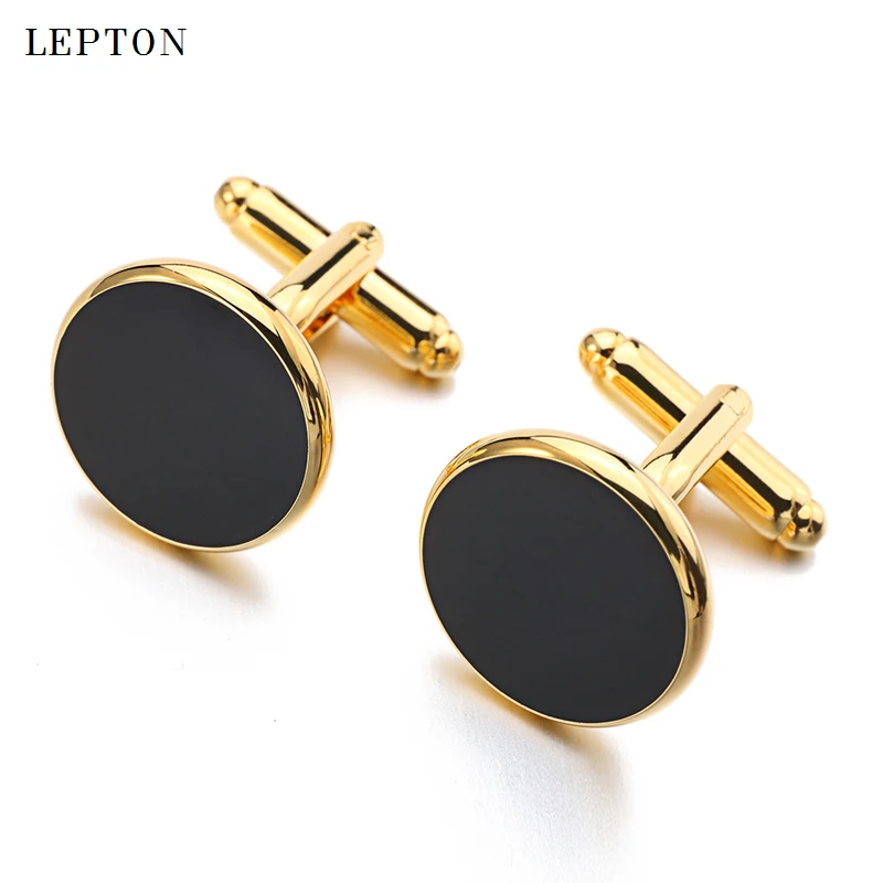 Lepton Black Enamel Round Cufflinks and tuxedo studs Sets Gold Color Business wedding High Quality Mens Shirt Cuffs cufflink