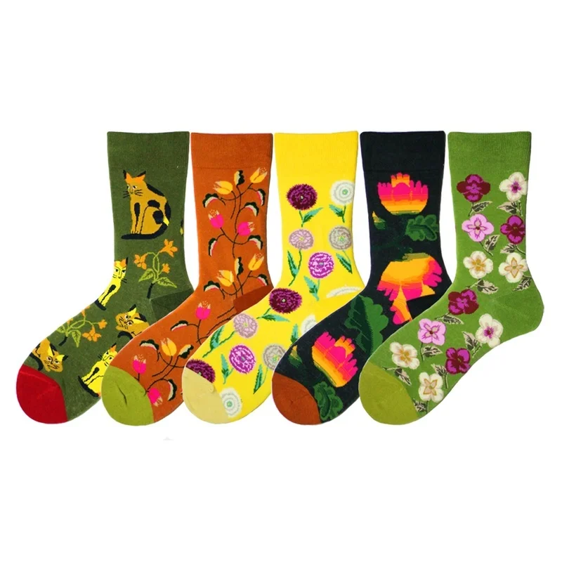 

Cartoon Cute Men Cat Flowers Plant Colorful Happy Funny Fashion Korea Harajuku Hip Hop Street Style Skate Cotton Socks