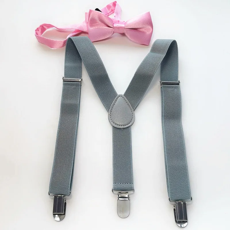 LB001-S Ukuran Lampu Abu-abu Warna Suspender Bow Tie Set Baby Adjustable 3 Cips 4 Klip Kawat Gigi Leher Dasi Set