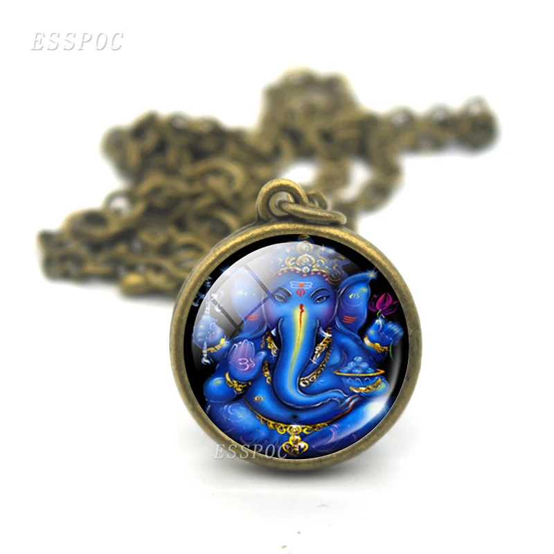 Lucky Indian Elephant Head God Ganesh Ball Necklace Double Face Glass Cabochon Jewelry Buddha Pendant Religion Amulet Women Gift