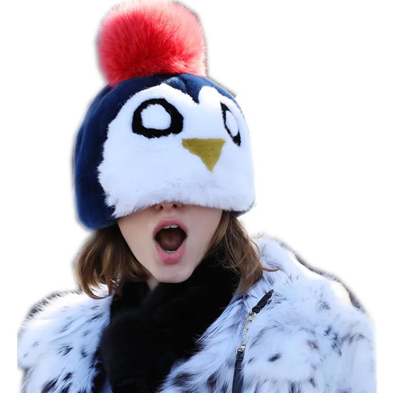 ladies kids penguin shape beanie with fur pompom cute winter warm hats for women winter real rex rabbit fur caps adjustable H248