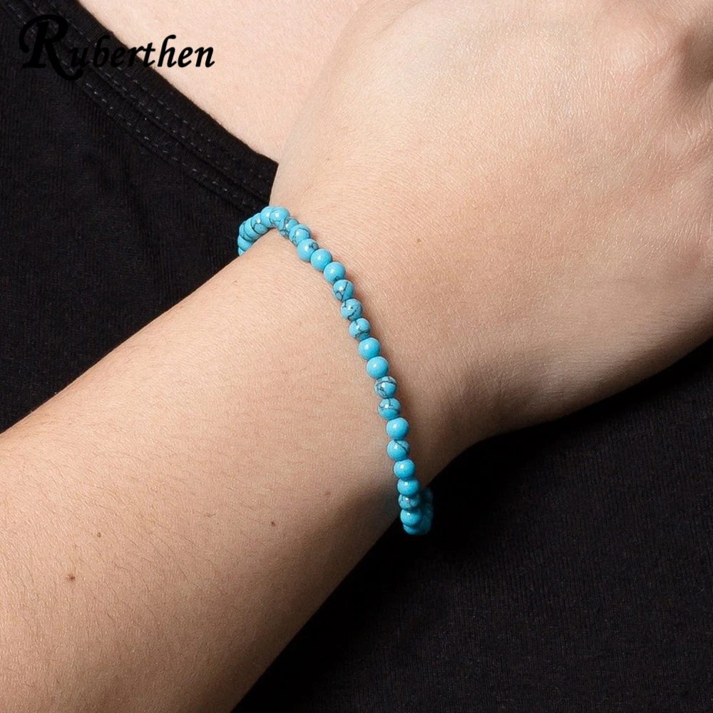 Ruberthen Hupei Turquoise Bracelet 4 MM Natural Stone Beads Bracelet Mini Gemstone Energy Bracelet