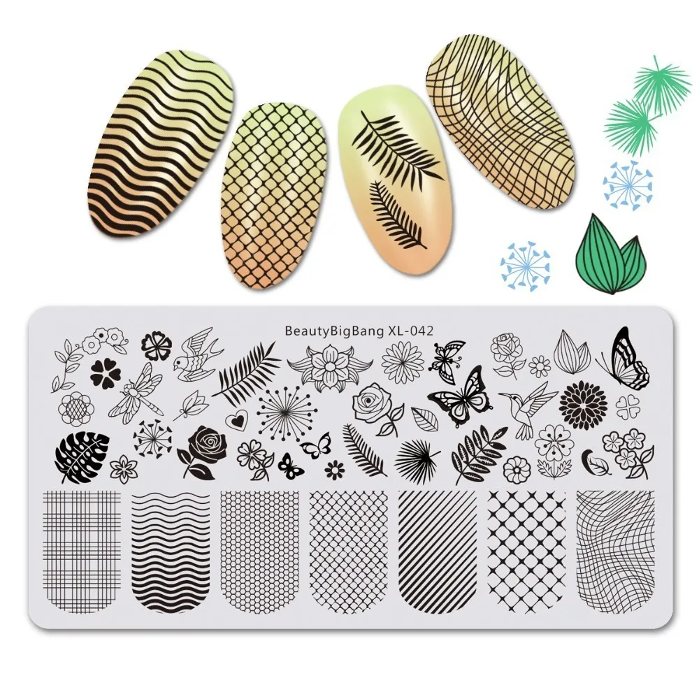 Beautybigbang Nail Art Stamping Plate Butterfly Flower Plaid Bird Image Stainless Steel Nail Stamping Template Mold XL-042