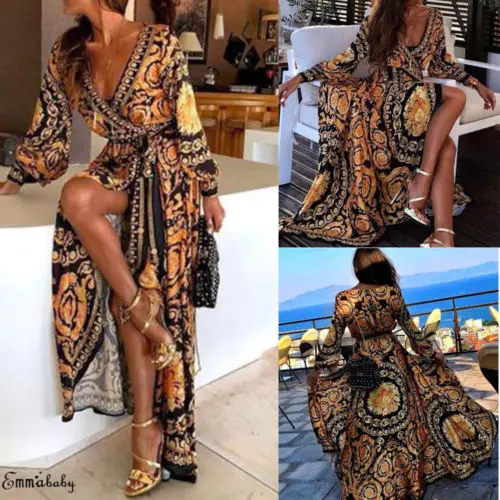 Plus Size Womens Boho Long Maxi Dress Loose Beach Holiday Casual Autumn Sundress Long Sleeve Deep V Neck Geometric Long Vestidos