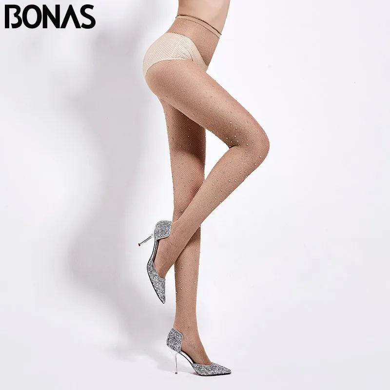 BONAS Women Open Crotch Fishnet Tights Sexy Diamond Mesh Nylon Pantyhose Bigsize Stockings Female Lady Thin HollowCollant Femme