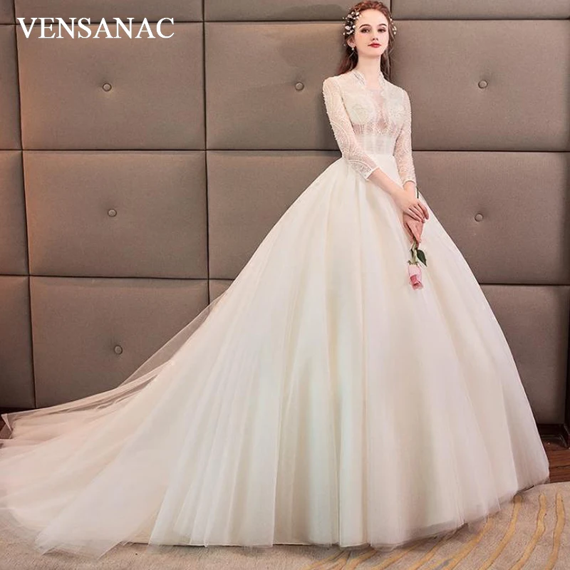 

VENSANAC Illusion O Neck Tulle Court Train Ball Gown Wedding Dresses Hollow Out Pearls Three Quarter Sleeve Bridal Gowns