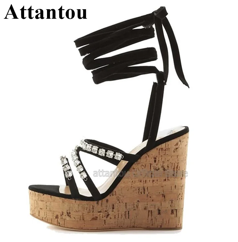 New Wedged Wood Grain Printed Crystal High Heel Sandals Women Cross Straps Summer Black  Sandal Shoes Wedges