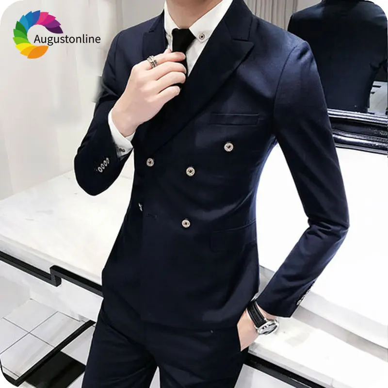 

Latest Coat Pant Designs Navy Blue Wedding Suits for Men Double Breasted Slim Fit Male Blazer 2Piece Jacket Pants Groom Tuxedo