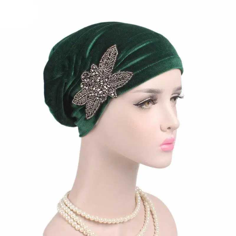 Women Muslim India Cap Ladies Velvet Hat Beanie Skullies Turban Chemo Cap With Beads Flower Headwear Cancer Hat Inner Elegant