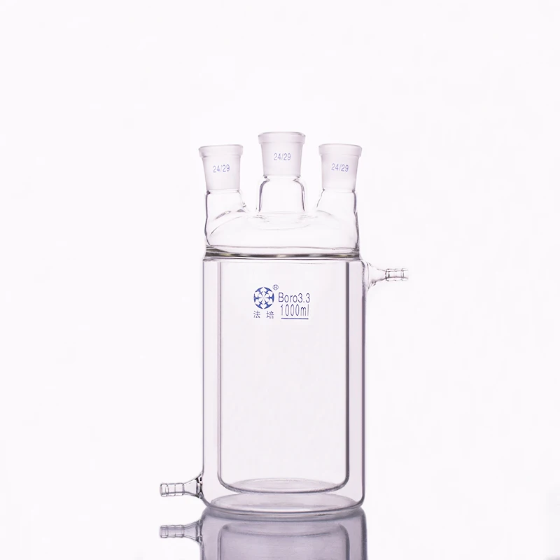 

Double-deck cylindrical three straight necks flat bottom flask,Capacity 1000ml,Joint 24/29,Mezzanine jacketed reactor bottle