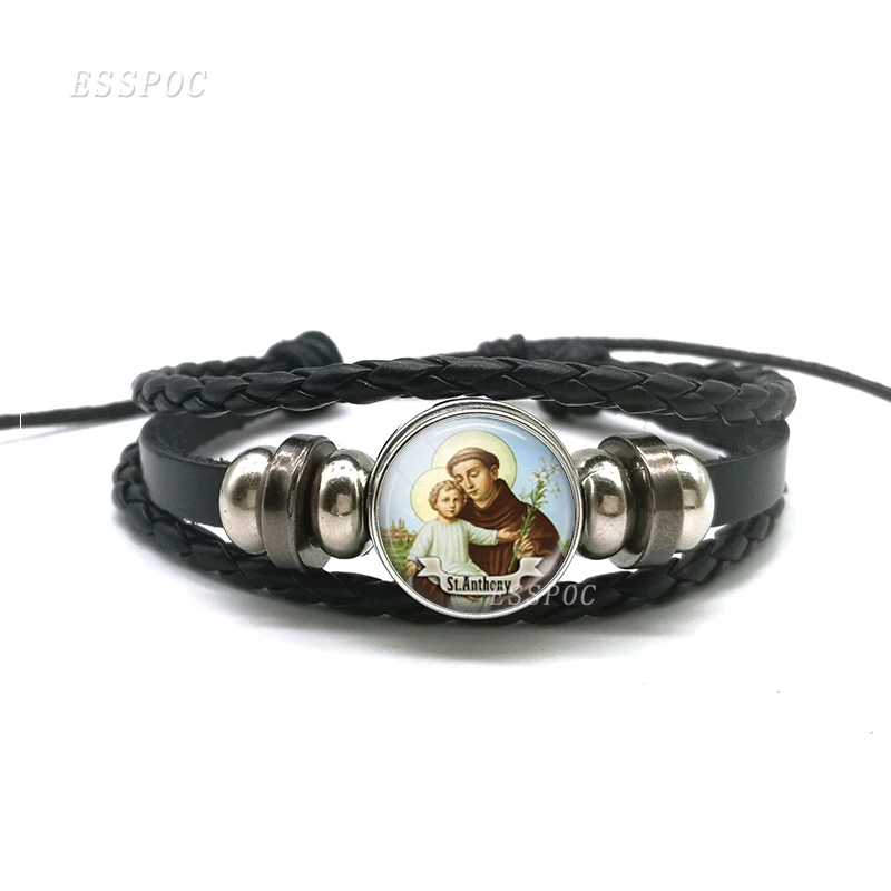 St Anthony Bracelet Saint Bangle Bring Love To Your Life Black Leather Bracelets Religious Jewerly Gift for Men Women